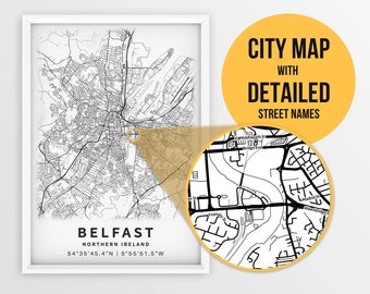 Printable Map of Belfast, Northern Ireland, UK with Street Names - Instant Download \ City Map \ Travel Gift \ City Poster \ Road Map Print