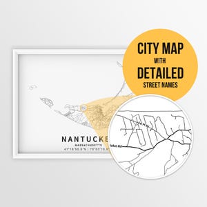 Druckbare Karte von Nantucket, Massachusetts, USA mit Straßennamen - sofortiger Download ~ Karte ~ ~ Stadtposter ~ Strassenkarte