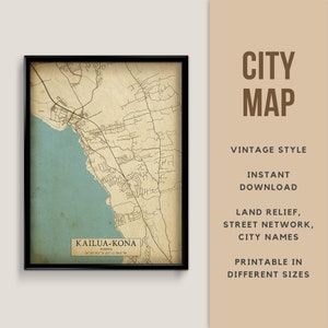 Vintage Stil Landkarte Kailua-Kona HI, Big Island Hawaii USA - Instant Download ~ Strassenkarte ~ Wand Kunst ~ Poster ~ Karte Print
