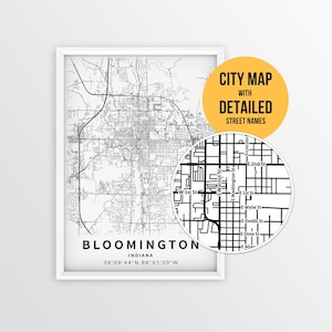 Bloomington Indiana Map with Street Names, Printable Bloomington City Poster (Instant Download)