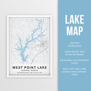 Mapa imprimible de West Point Lake, Georgia, EE. UU. - Descarga instantánea \ Mapa del lago \ Cartel del mapa \ Decoración de la casa del lago \ LakeLife \ Pesca \ Paseos en bote