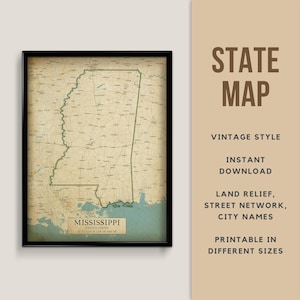 Mississippi Map Printable Vintage Style poster - Instant Download, Road Map Mississippi Poster, Mississippi Antique map, Mississippi Jackson