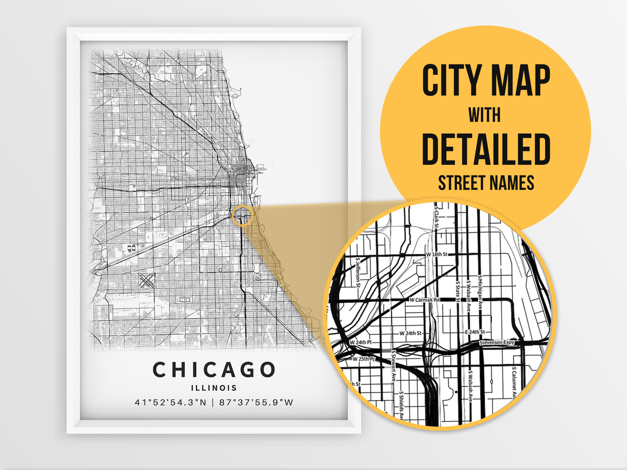 Printable Map of Chicago Illinois USA With Street Names Etsy