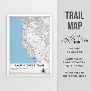 Printable Map of Pacific Crest Trail, USA - Instant Download \ Trail Map \ Hiking Gift \ Outdoor Poster \ Map Print \ Hiking PCT \ Wall Art