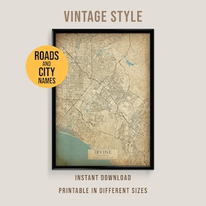 Irvine, California Vintage Style Map, Printable California City Poster (Instant Download)