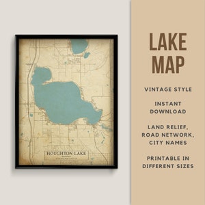 Mapa de estilo vintage del lago Houghton, Michigan, EE. UU. con nombres de ciudades - Descarga instantánea \ Mapa del lago \ Arte de la pared \ Cartel imprimible \ Arte rústico
