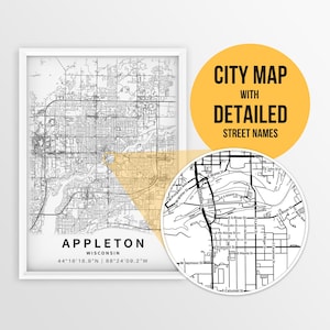 Printable Map of Appleton, Wisconsin, USA with Street Names - Instant Download \ City Map \ Travel Gift \ City Poster \ Road Map Print