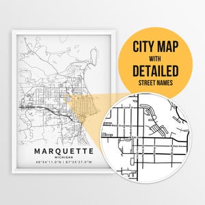 Printable Map of Marquette, Michigan, USA with Street Names - Instant Download \ City Map \ Travel Gift \ City Poster \ Road Map Print
