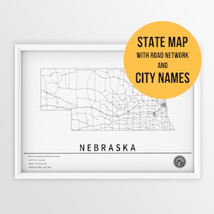Mapa para impressão de Nebraska, Estados Unidos com nomes de cidades e estradas - Download instantâneo \ Mapa do estado \ Arte do mapa \ Mapa de alfinetes \ Planejador de viagens