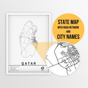 Printable Map of Qatar with city names and roads - Instant Download \ Country Map \ Map Art \ Push Pin Map \ Travel Planner \ Qatar Gift