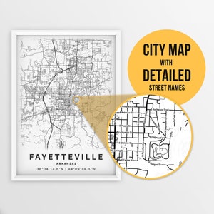 Mapa para impressão de Fayetteville, Arkansas, EUA, mapa da cidade com nomes de ruas - download instantâneo \ Mapa da cidade \ Presente de viagem \ Cartaz da cidade \ Mapa de estradas