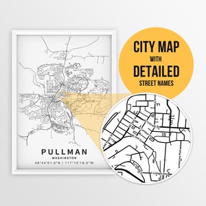Druckbare Karte von Pullman, Washington, USA mit Straßennamen - sofortiger Download ~ Karte ~ ~ Stadt Karte ~ Strassen Karte Print