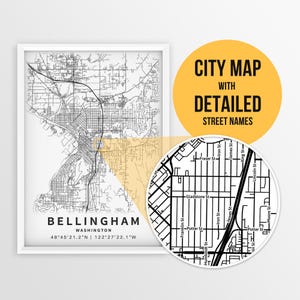 Afdrukbare kaart van Bellingham, Washington, VS met straatnamen - Instant Download \ Stadsplan \ Reiscadeau \ Stadsposter \ Wegenkaart afdrukken