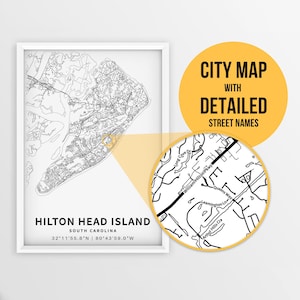 Mappa stampabile di Hilton Head Island, Carolina del Sud, Stati Uniti con i nomi delle strade - Download istantaneo \ Mappa della città \ Regalo di viaggio \ Stampa cartina stradale