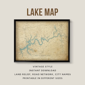 Vintage Style Map of Lake Cumberland, Kentucky, USA with City names - Instant Download \ Lake Map \ Wall Art \ Lake Poster \ Printable Map