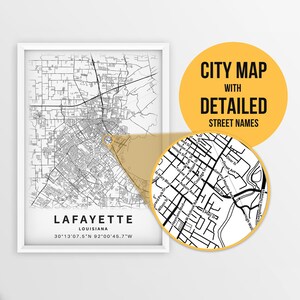 Printable Map of Lafayette, Louisiana, USA with Street Names - Instant Download \ City Map \ Travel Gift \ City Poster \ Road Map Print