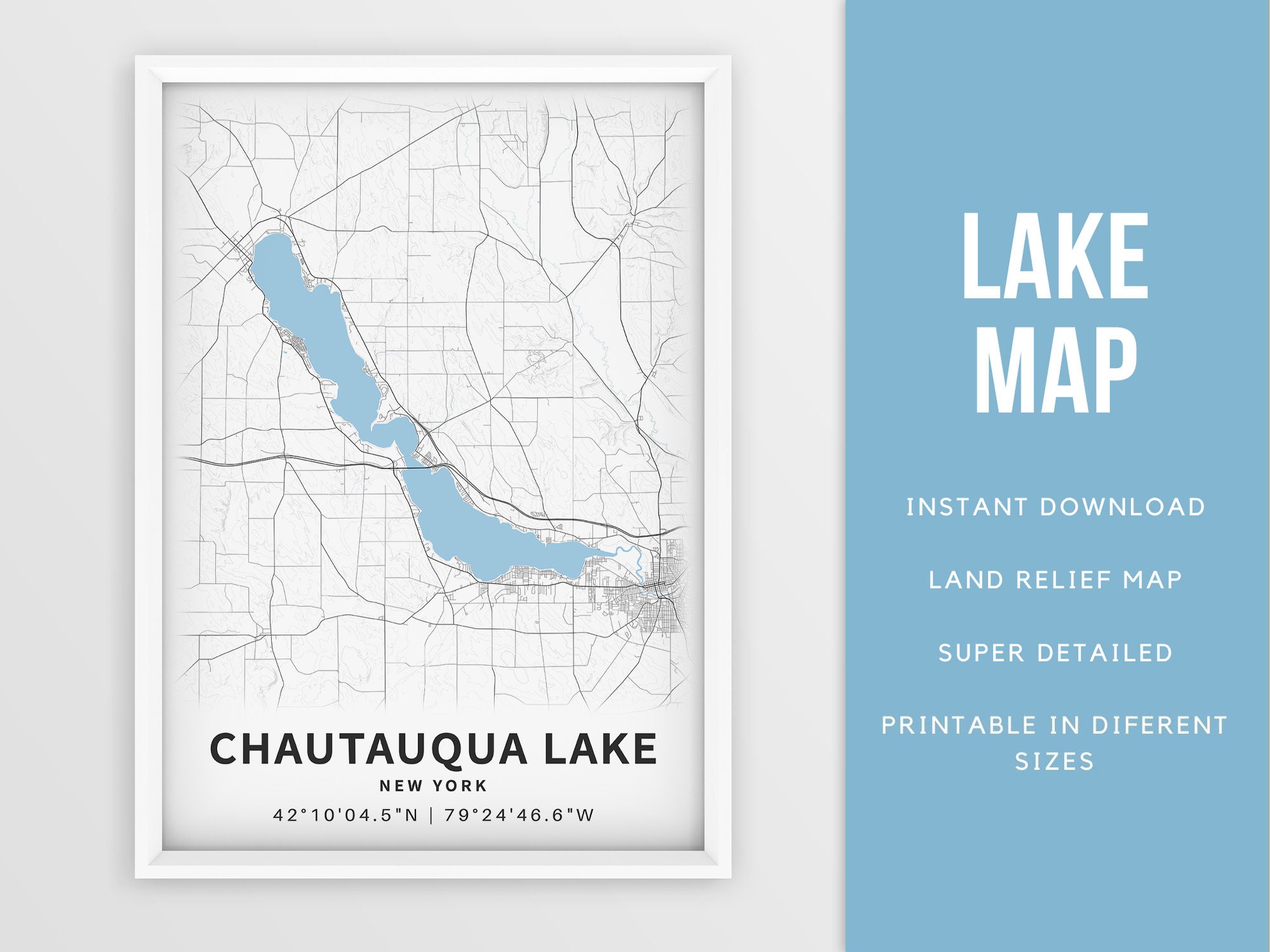 Printable Map of Chautauqua Lake New York United States Etsy