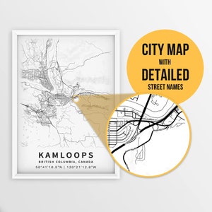 Mapa imprimible de Kamloops, Columbia Británica, Canadá con nombres de calles - Descarga instantánea \ Mapa de la ciudad \ Regalo de viaje \ Cartel de la ciudad \ Mapa de carreteras