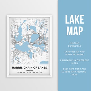 Mappa stampabile della catena dei laghi di Harris, Florida - Download istantaneo \ Mappa del lago \ Poster della mappa \ Arredamento della casa sul lago \ LakeLife \ Pesca \ Canottaggio