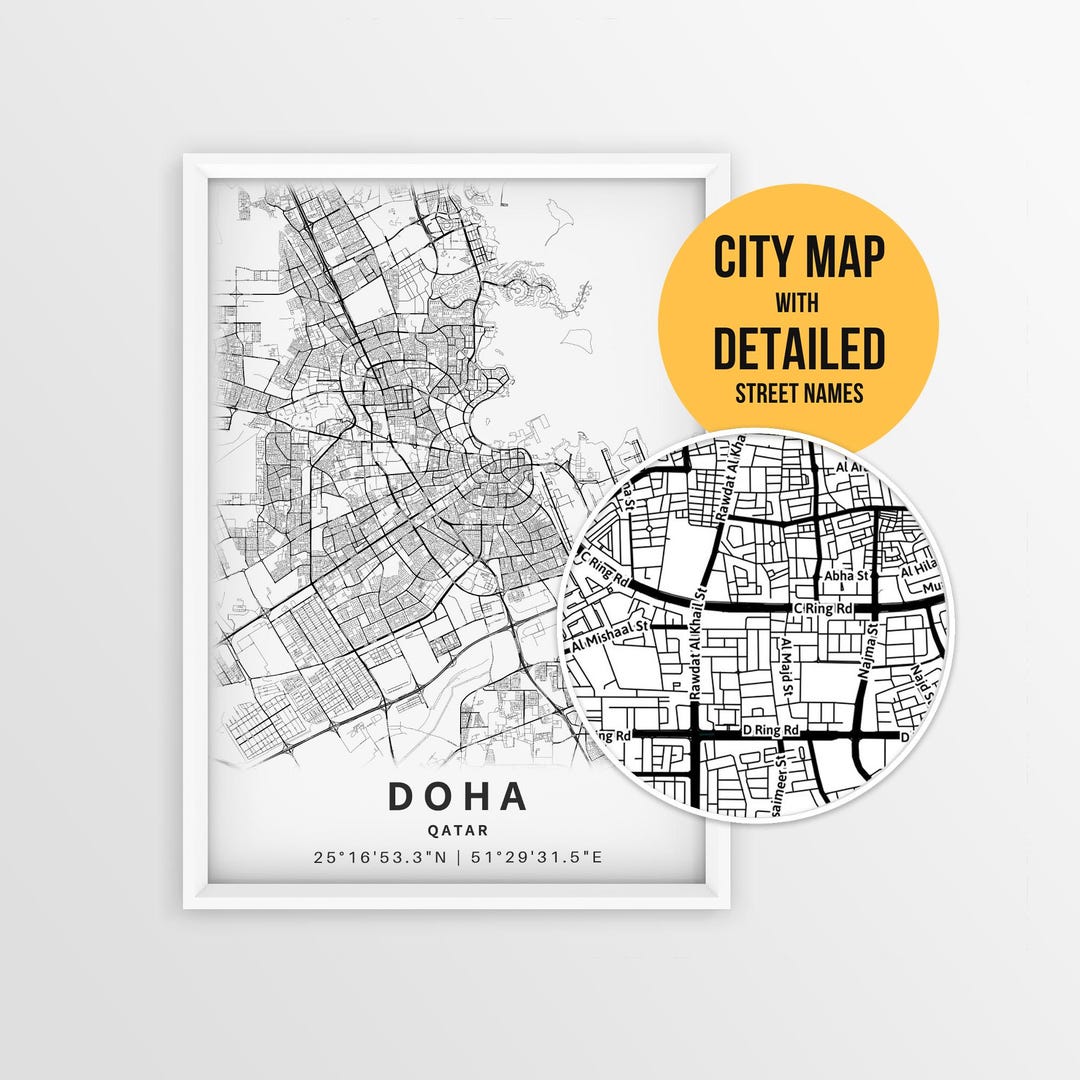 Doha Qatar Map With Street Names, Printable Doha City Poster (instant ...