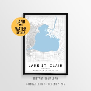 Affiche de carte du lac Sainte-Claire, décoration imprimable maison du lac Michigan (téléchargement instantané)