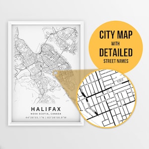 Carte imprimable d'Halifax, Nouvelle-Écosse, Canada avec les noms de rue - téléchargement immédiat \ plan de la ville \ cadeau de voyage \ affiche de la ville \ impression de carte routière