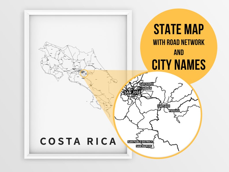 Printable Poster Map of Costa Rica With City Names Instant Etsy Ireland