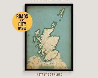 Scotland Vintage Style Map with roads and city names, Printable Scotland Poster (Instant Download)
