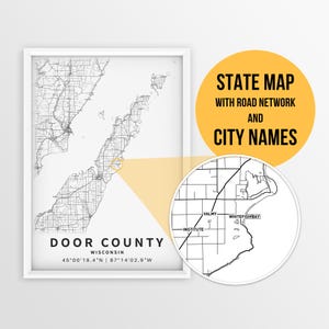 Carte imprimable du comté de Door, Wisconsin, États-Unis avec les noms des villes et des routes - Téléchargement immédiat \ Map Art \ Push Pin Map \ Travel Planner