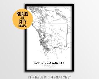 San Diego County Map Poster, Printable California Road Map with City Names (Instant Download)