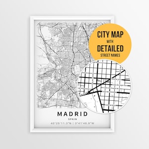 Madrid Karte mit Straßennamen, Madrid Poster zum Ausdrucken (Instant Download)