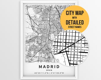 Madrid Spain Map with Street Names, Printable Madrid City Poster (Instant Download)