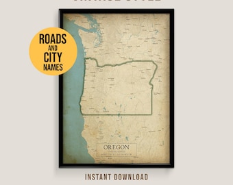 May include: A framed vintage-style map of Oregon, USA, with roads and city names. The map is in a black frame and features a beige and teal colour scheme. Text on the map includes "Oregon" and "United States". Additional text reads "Instant Download" and "Printable in Different Sizes".