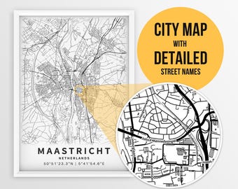 Printable Map of Maastricht, Netherlands with Street Names - Instant Download \ City Map \ Travel Gift \ City Poster \ Road Map Print