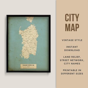 Carte imprimable de style vintage de la Sardaigne, Italie - téléchargement immédiat \ plan des rues \ art mural \ affiche de carte \ antiquité \ impression de carte \ cadeau Sardaigne