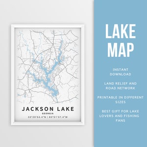 Mapa imprimible de Jackson Lake, Georgia, EE. UU. - Descarga instantánea \ Mapa del lago \ Cartel del mapa \ Decoración de la casa del lago \ LakeLife \ Pesca \ Paseos en bote