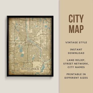 Printable Vintage Style Map of Minneapolis, Minnesota, USA - Instant Download \ Street Map \ Map Poster \ Antique Style \ Map Print