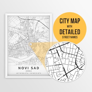 Mapa para impressão de Novi Sad, Sérvia com nomes de ruas - download instantâneo \ Mapa da cidade \ Presente de viagem \ Cartaz da cidade \ Impressão de mapa de estradas \ Arte de parede