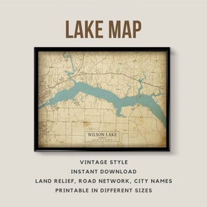 Vintage Stil Landkarte von Zementsee, Alabama, USA mit Städtenamen - zum sofortigen Download ~ Karte von Lake ~ Wand Kunst ~ Druckbares Poster ~ Karte Drucken