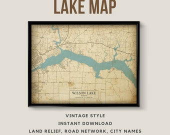 Vintage Style Map of Wilson Lake, Alabama, USA with City names - Instant Download \ Lake Map \ Wall Art \ Printable Poster \ Map Print
