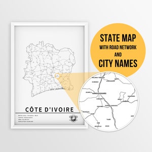 Druckbare Karte von Côte d'Ivoire, Elfenbeinküste mit Städtenamen und Straßen - Sofortiger Download \ Länderkarte \ Kartenkunst \ Push-Pin-Karte \ Reisekarte