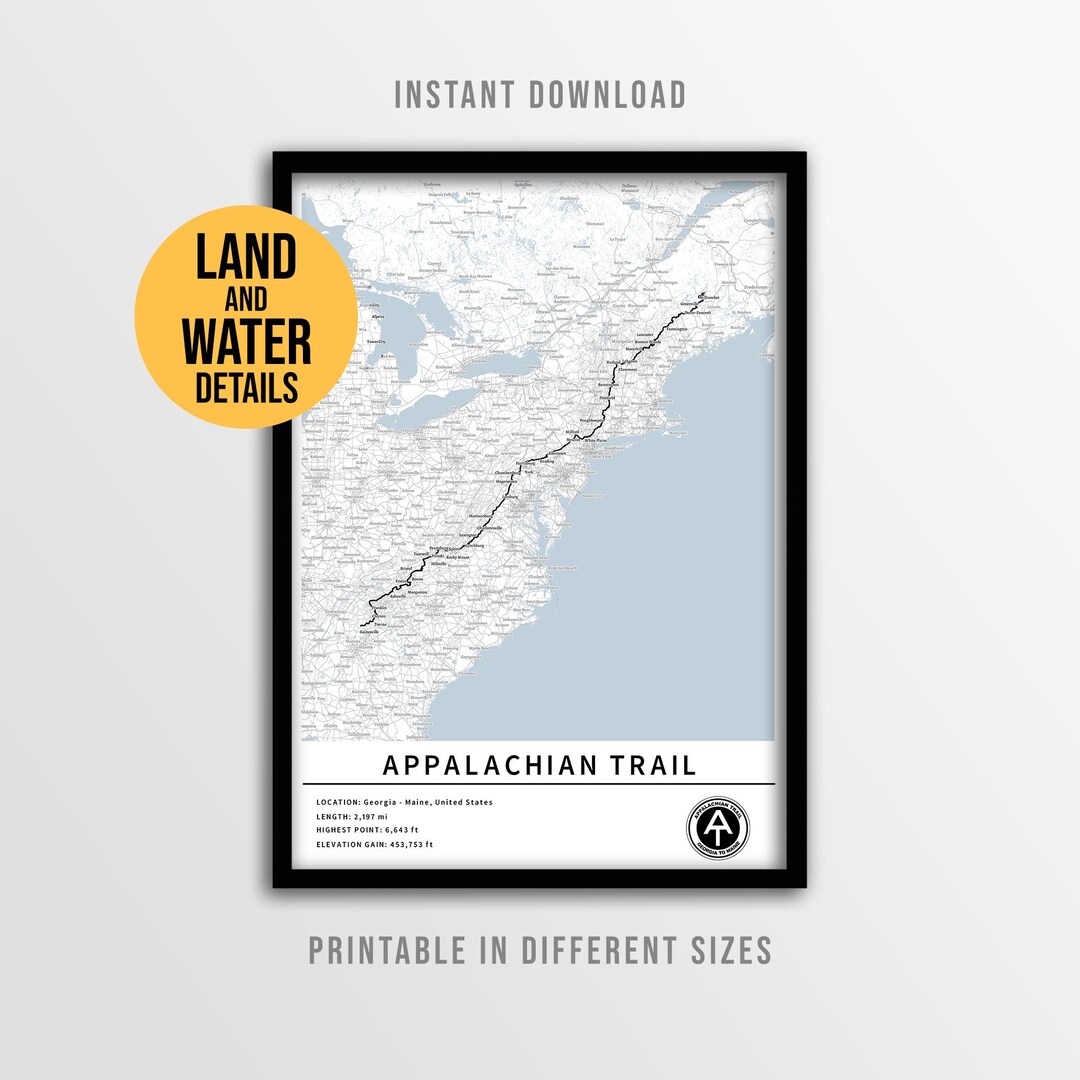 The Appalachian Trail Map Poster, Printable Georgia to Maine AT Route