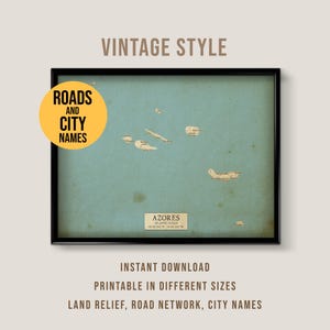 Carte de style vintage des Açores, Portugal, affiche imprimable de la ville de São Miguel (téléchargement instantané)