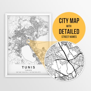 Afdrukbare kaart van Tunis, Tunesië met straatnamen - Instant Download \ Stadsplattegrond \ Reiscadeau \ Stadsposter \ Wegenkaart afdrukken \ Stratenplan