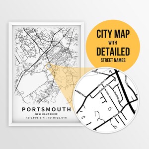 Druckbare Karte von Portsmouth, New Hampshire, USA mit Straßennamen - sofortiger Download ~ Karte ~ ~ Stadt Karte + Strassen Karte Print