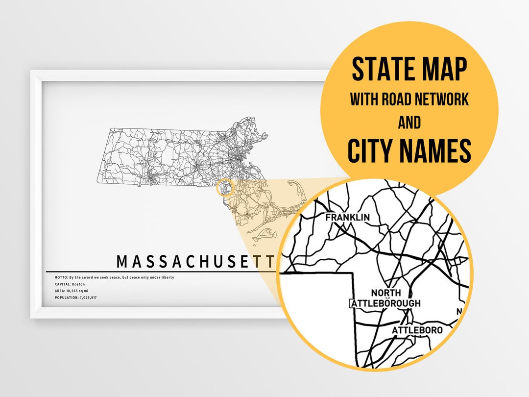 Printable Map of Massachusetts United States With City and - Etsy