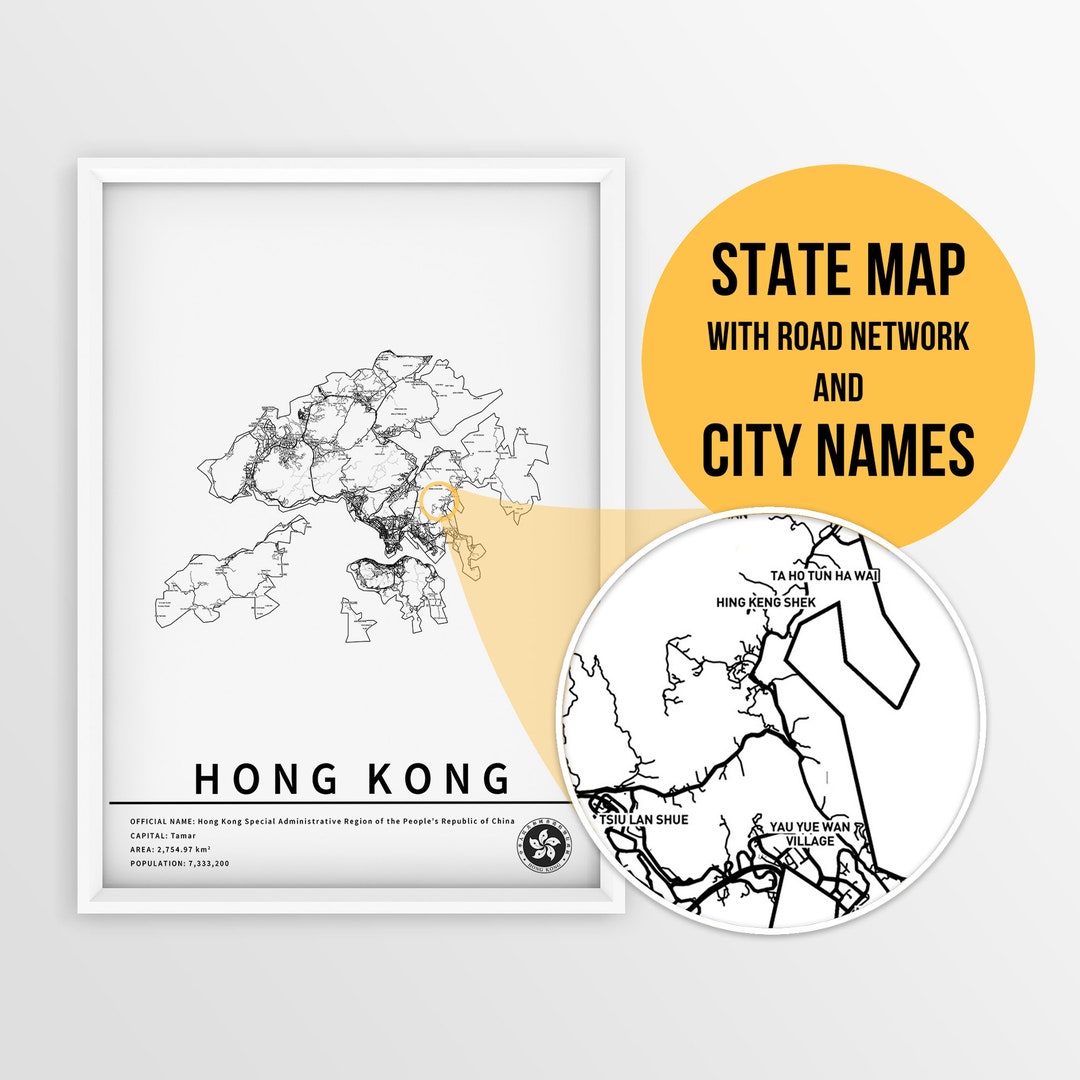 Printable Map of Hong Kong With City Names and Roads Instant Download