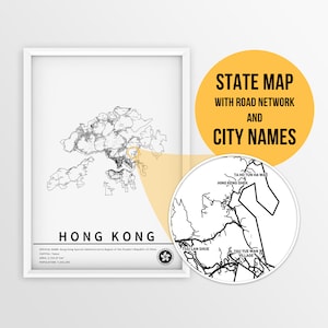 Mapa imprimível de Hong Kong com nomes de cidades e estradas - Download instantâneo \ Mapa do país \ Arte do mapa \ Mapa de alfinetes \ Planejador de viagens \ Cartaz do mapa