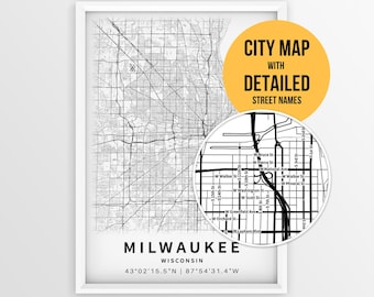 Milwaukee Wisconsin Karte mit Straßennamen, Milwaukee City Poster zum Ausdrucken (Instant Download)