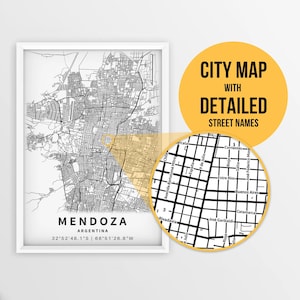 Druckbare Karte von Mendoza, Argentinien mit Straßennamen - Sofort Download \ City Map \ Travel Gift \ City Poster \ Road Map Print \ Wall Art